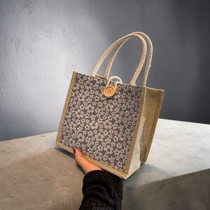 Floral Canvas Tote Bag in Blue and Beige